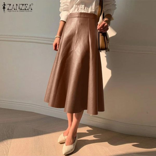 

skirts office lady zipper a line women fashion pu leather bottom zanzea elegant ol solid skirt casual 2021 high waist midi, Black