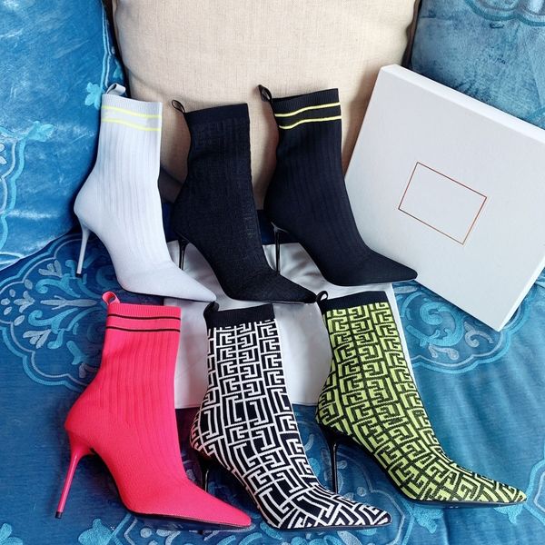 

winter new women shoes knitted mid-calf sock boots pointed toe thin high heels stretch designer botas femininas large size, Black