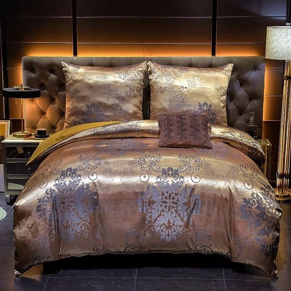 

bedding sets luxury jacquard soft satin silky down cover pillowcase set with zipper seal, rich gold, medium size double bed