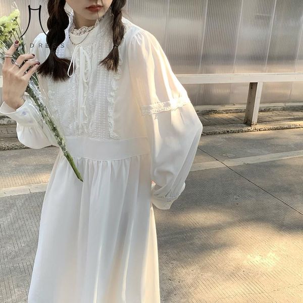 

casual dresses heydress women lace solid loose waist lace-up bow sweet white long sleeve dress elegant students all-match autumn, Black;gray