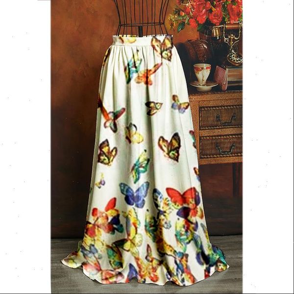 

women skirt long vintage a line dyeing high waist printing butterfly printed pleated flared fashion maxi skirts, Black