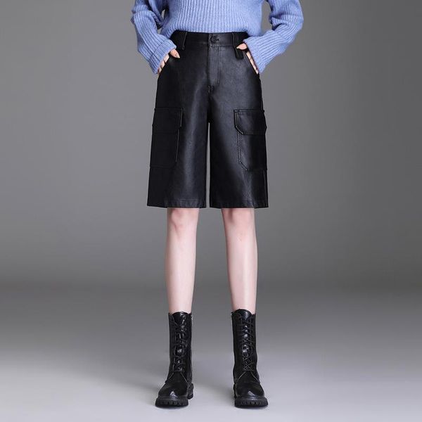 

women's shorts women fashion black pu leather straight autumn winter female streetwear slim casual motorcyle biker booty half pants 931, White;black