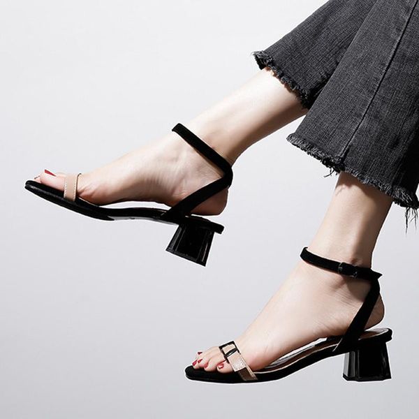 

teahoo summer ankle strap buckle women sandals fashion square head open toe roman shoes mid heel casual mujer, Black