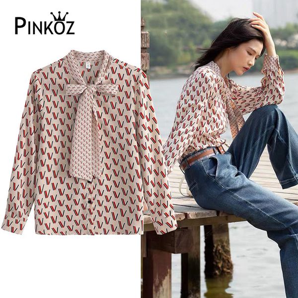 

runway designer celebrity casual daily blouse women letter printed bow collar lace up spring long sleeve chiffon shirt 210421, White