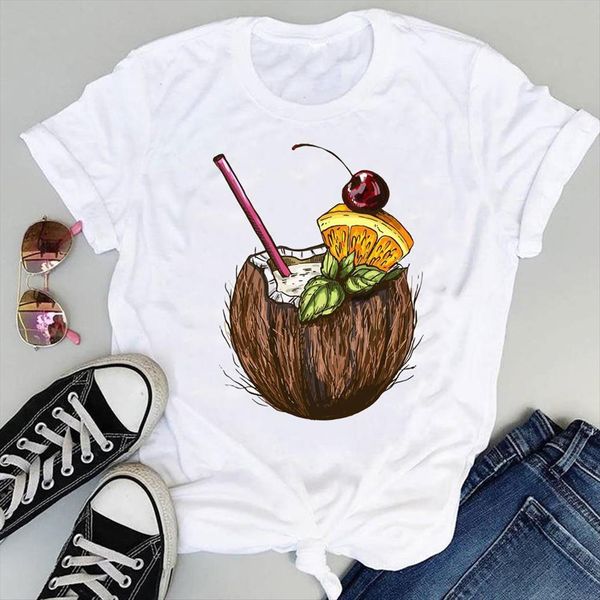 

beach style happy time cute women 90s cartoon graphic summer short sleeve fashion print female clothes tees t shirt, White