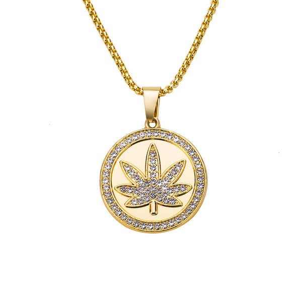 

pendant for men chains hip hop amulet neck s hiphop fashion brand personalized diamond inlaid maple leaf necklace men's round street ac, Silver