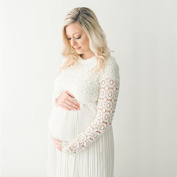 

long sleeve hollow out lace maternity dresses for po shoot white chiffon brides pleated dress pography