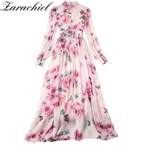 

dresses women runway boho rose floral maxi luxury pink flower print lantern sleeve beading stand collar party chiffon long, Black;gray
