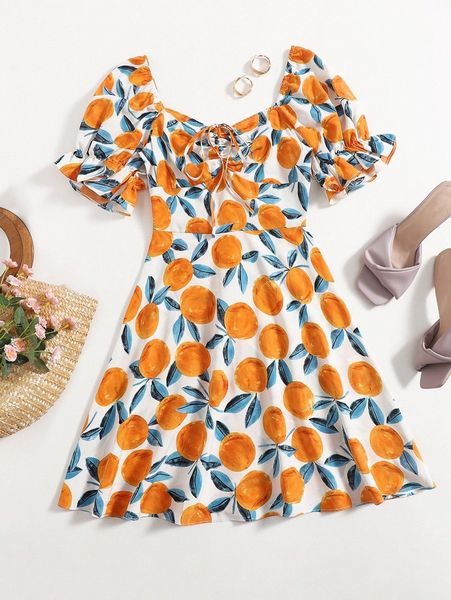 

sweetheart neck puff sleeve drawstring ruched orange print dress t0fj#, Black;gray