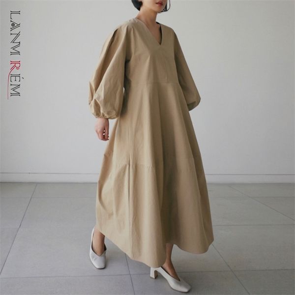 

v-necklantern sleeves summer fashion women dress loose large size shirt over knee long es yj922 210526, Black;gray