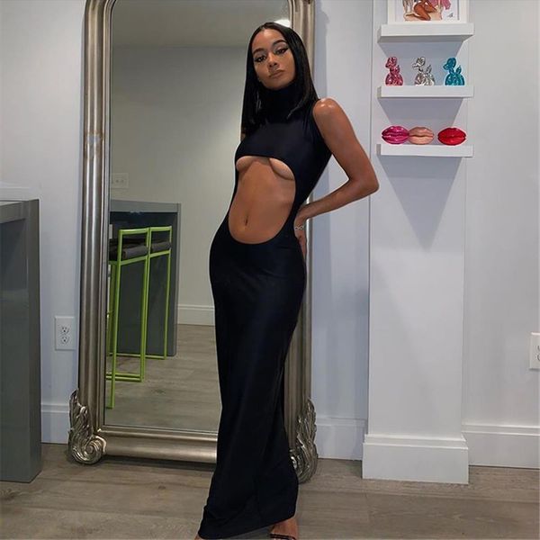 

high neck black maxi womens camis long dress est style cut out bodycon vestidos outgoing clubwear cotton fabric, White