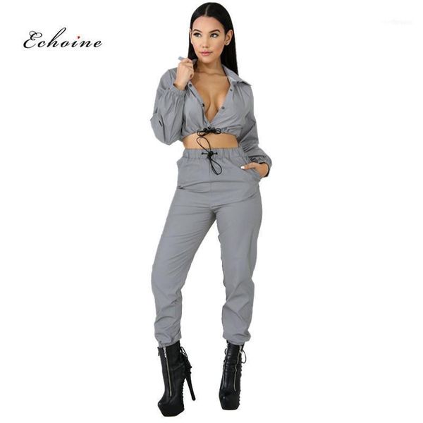 

two piece dress echoine sport suits women fashion reflective set button tracksuit long sleeve crop pants female outfits1, White