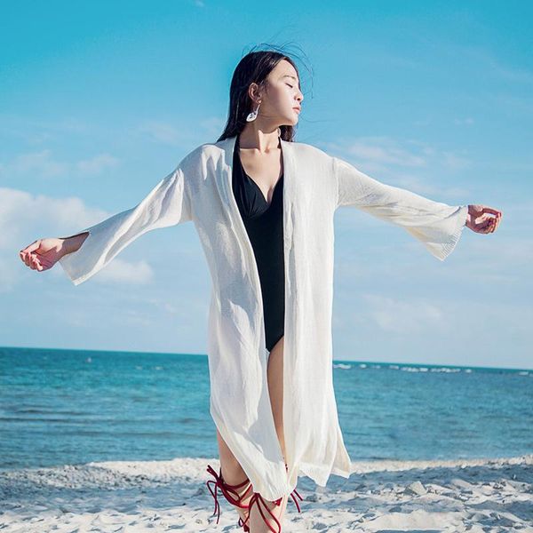 

women's swimwear pure white hollow knitted cardigan long bikini cover up bathing suit on beach with air conditioner, White;black