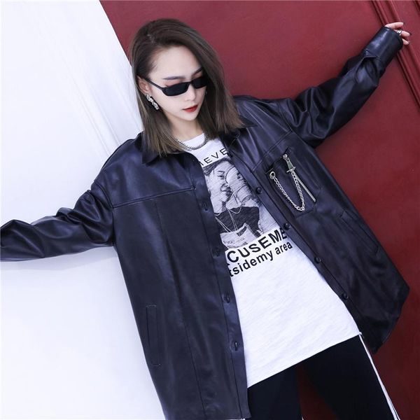 

women's leather & faux loose women sheepskin shirt jacket spring designer chains real coat streetwear office single breasted jackets fe, Black
