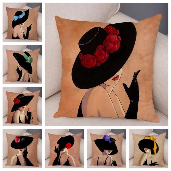

cushion/decorative pillow vintage style elegant lady cushion cover decor european hat women print pillowcase for sofa home car soft plush ca