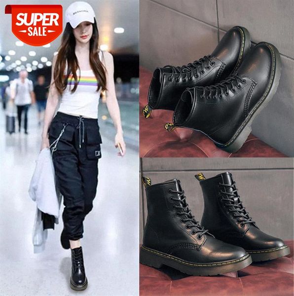 

trendy martin boots women's motorcycle lace-up british style leather short mid-tube white #f89i, Black