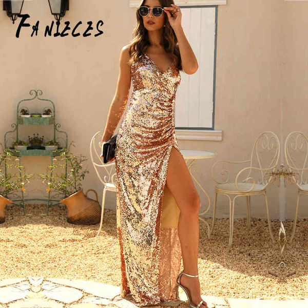Спагетти ремешок женщин сексуальный блесток с длинным рукавом бокового разреза вечернее платье для вечеринки дамы формальный бизнес Bodycon Maxi платья Vestidos 210520