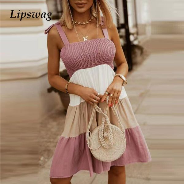 

summer backless sleeveless dress women slash neck spaghetti straps party dress casual lace-up bow patchwork a-line dresseshigh quality, Black;gray