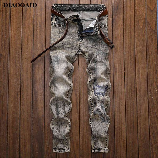 

men's jeans fashion quality personality elastic embroidered male loose retro straight slim denim trousers dd7a, Blue