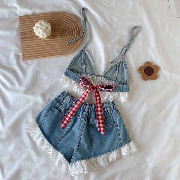 

women's tracksuits lolita girls blue denim lace two piece set women bustier camis crop high waist shorts outfits femenino 2, Gray