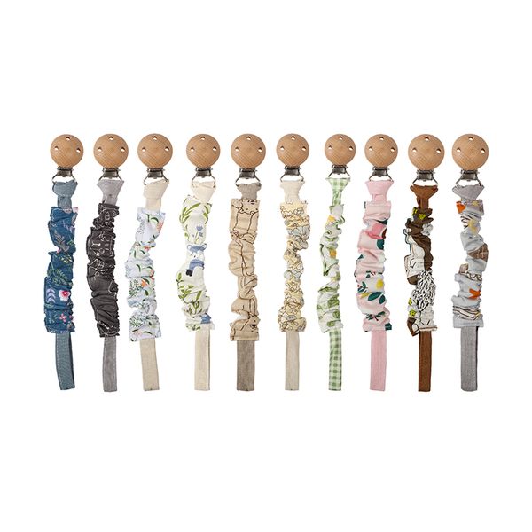 

printed elastic pacifier clip baby infant cotton pacifier chain with wood clip for newborn teething toy soother dummy holder