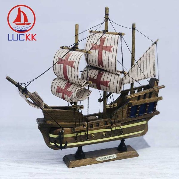 Luckk 24cm Handmade Retro Santamaria Navios Modelo Modelo Mediterrâneo Casa Interior Decoração Artesanato De Madeira Quarto Clássico Enfeites De Veleiro 210804