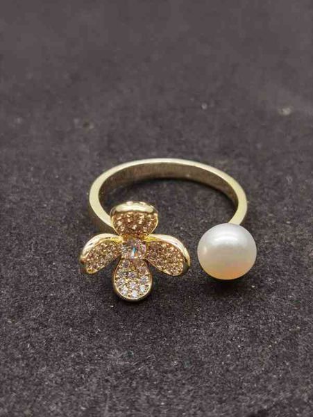 

net red fresh water pearl petal opening adjustable zircon micro inlaid ring, Silver