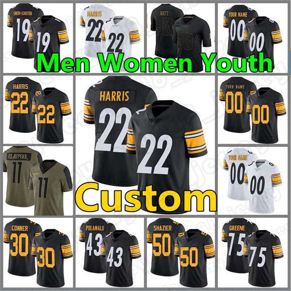 

custom najee harris 90 t.j. watt jerseys 19 juju smith-schuster football minkah fitzpatrick steeler ben roethlisberger mens chase claypool w, Blue;black