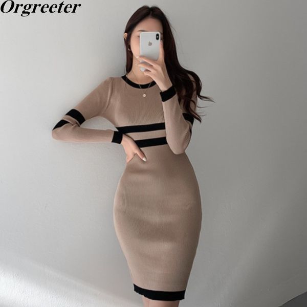 

spring women sheath knitted dresses slim black elegant o-neck stretch long-sleeved autumn thin bottoming knit pencil dress 210525, Black;gray