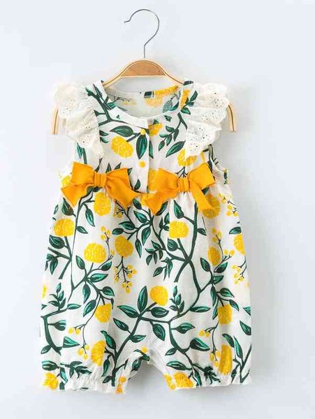 

baby girl double bow ruffle plants print romper she, Blue