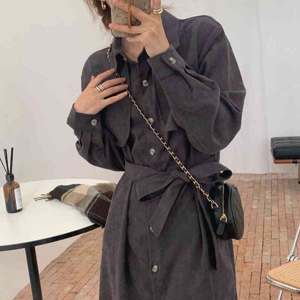 

dresses chic stylish korean solid corduroy basic retro french arrival women belt elegant casual long es, Black;gray