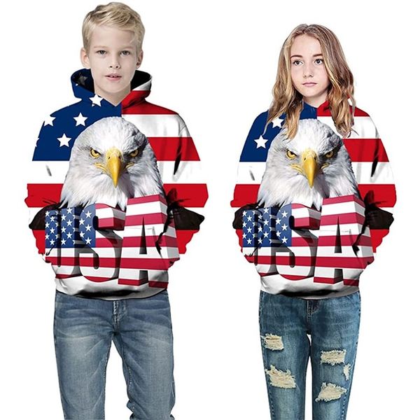 

eagle handsome novelty hoodie boys and girls 3d printing pullover hooded sweater with pocket 100-160, Black
