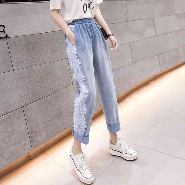 

make women's breech spring high waist bud silk mill show thin hair loose joker harlan feet pants, Blue