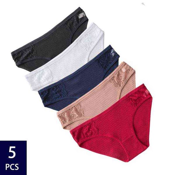 

5pcs/set cotton women's panties underwear comfort floral lace underpants ladies briefs low-rise pantys intimates 211109, Black;pink