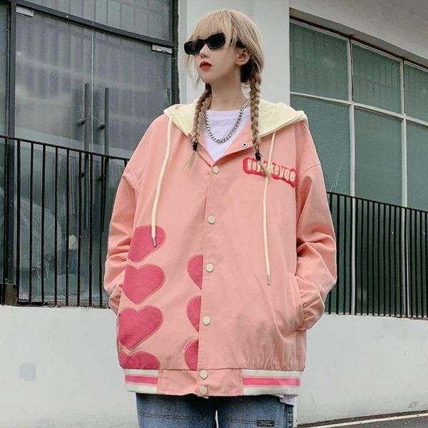 

women's jackets tooling harajuku streetwear vintage color contrast heart-shaped single-breasted jacket coat hooded baseball uniform out, Black;brown