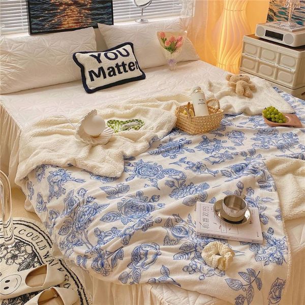 

blankets cilected ins retro camellia lamb velvet blanket milk air conditioning cute cartoon printing thick siesta