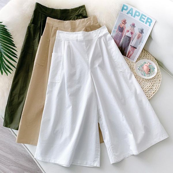 

women's pants & capris women summer cotton wide leg casual white with pocket high waist claf length femme faldas jupe saia, Black;white
