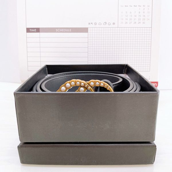 

2021 trends pearl belts luxury design women letter fashion alloy leather smooth double golden rhinestones buckle jeans ladies belt black, Black;brown