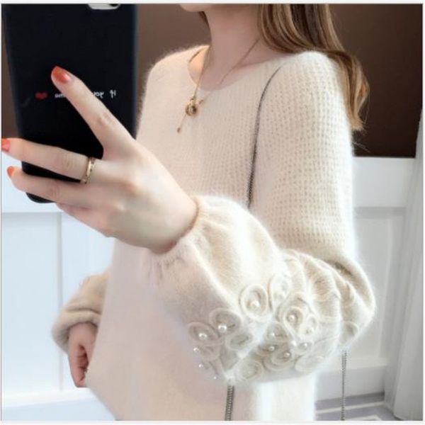 

new arrival 2021 women sweater pullovers autumn winter knitted jumper pearls lady soft warm pull femme women clothes h272, White;black