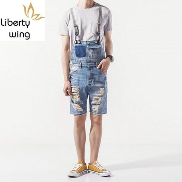 

denim mens shorts korean fashion male overalls hole ripped biker casual man suspenders streetwear knee length jumpsuits men men's jeans, Blue