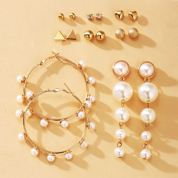

51234 pearl ring earring set of 8 creative simple earring set, Silver
