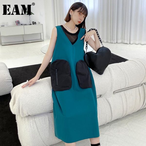 

casual dresses [eam] women blue big size pocket spliced long dress v-neck sleeveless loose fit fashion tide spring summer 2021 1de0944, Black;gray