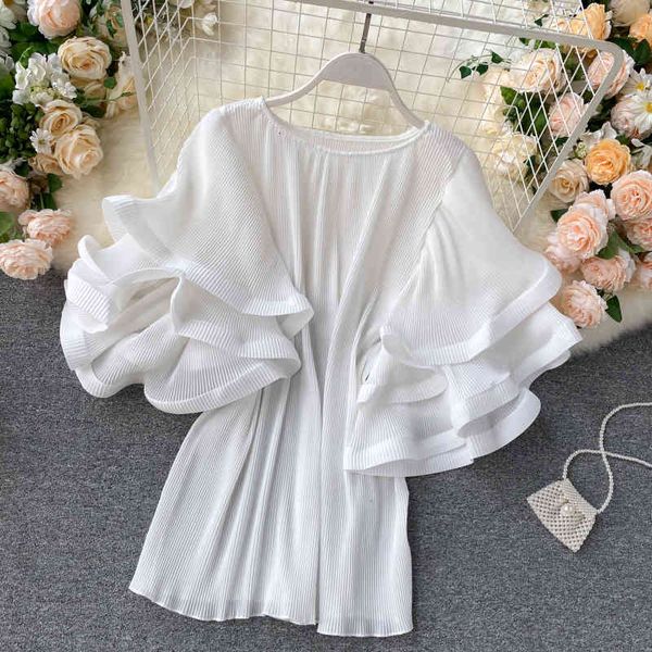 

knits miyake fold o- neck solid ruffle sleeve t-shirt, White