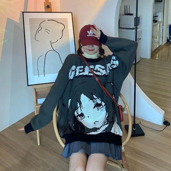 

women's sweaters 2021 autumn and winter sweater college style y2k round neck cartoon jacquard loose students bf wind knit top, White;black