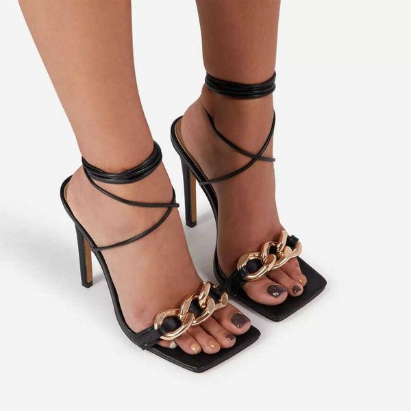 

sandals 2021 european high heel women's shoes metal chain straps square toe heels, Black