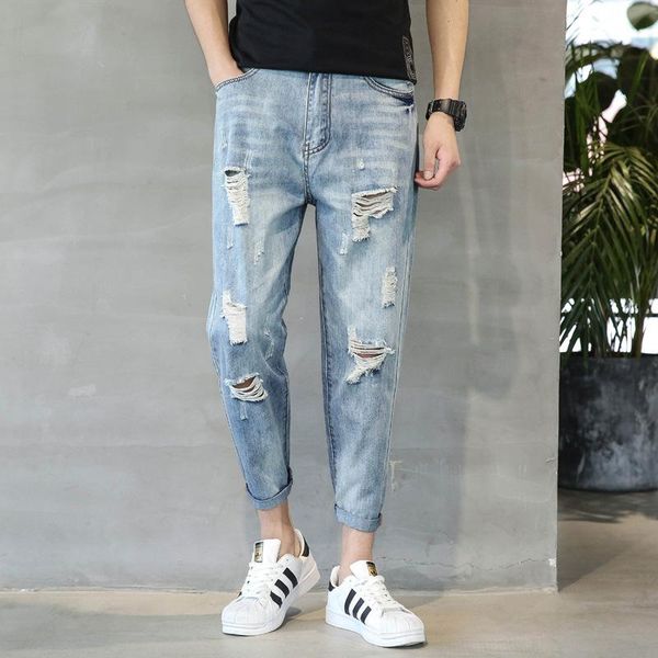 

men's jeans style denim ripped holes knees male harlan's pants summer thin light-colored loose large-size pencil, Blue