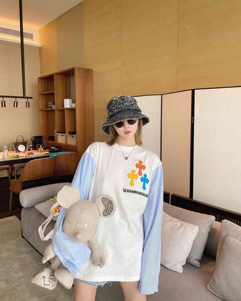 

ch2021ss autumn winter new product cross stitch stitching contrast color round neck long sleeve loose t-shirt at the back, Black