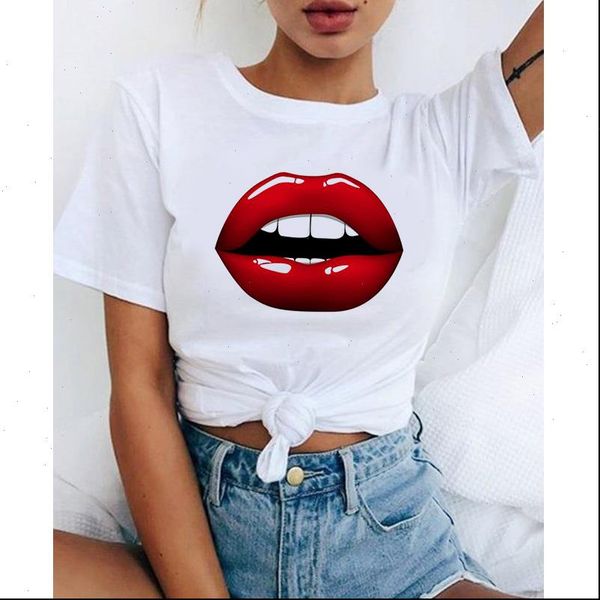 

harajuku summer red lips kiss women t shirts print funny o collar femme fashion, White