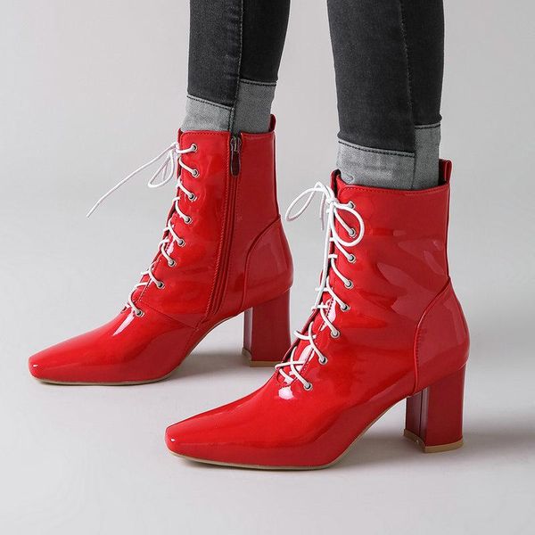 

boots black white women fashion patent leather ankle square toe high heel zipper lace up autumn winter female shoes