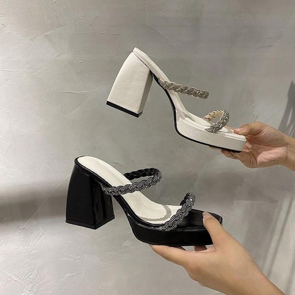 

sandals ladies 2021 women's shoes square toe thick heel with gentle high heels mid-heel for outer wear, Black